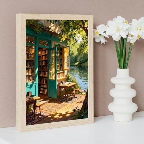 MIRCVSH DIY Bookstore Paint by Numbers Kit for Adults,Riverside Scenery Painting by Number Kits for Adult Beginners,Watercolor Oil Painting Kit for Home Decor Gifts 16x20 Inch.