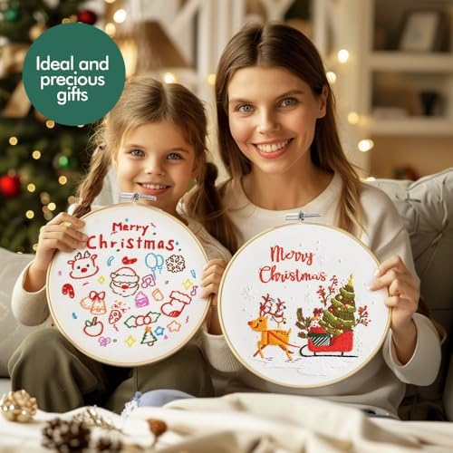 wtisan Christmas Embroidery Kit, Cross Stitch Kits for Beginners, Needlepoint with All Tools & Instructions, Stamped Hand Embroidery Starter Kit for Holiday Crafts & Xmas Home Decor, W13