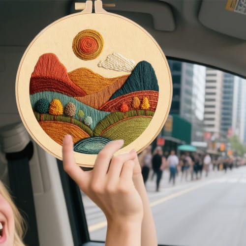 FONNUY Embroidery Kit for Beginners, Textured Vibrant Nature Landscape Pre-Stamped Pattern Kits for Adults with Hoop, Easy to Follow Color Thread Needlework, 8'' Hoop (Red 2)
