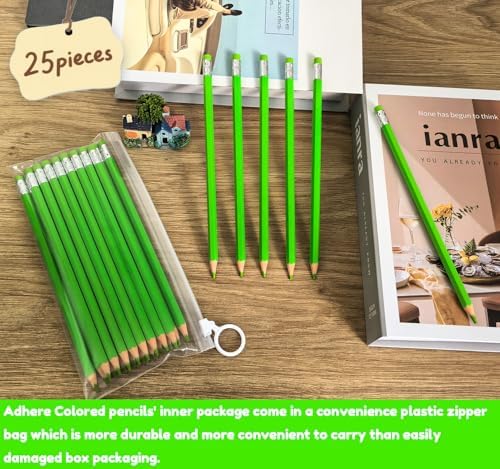 Adhere 25pcs Checking Pencils Erasable colored Pencils Pre-Sharpened #2 HB,for Checking Tests Grading,Map Coloring, editing Office Favors,including a Free sharpener. (Yellow Green)