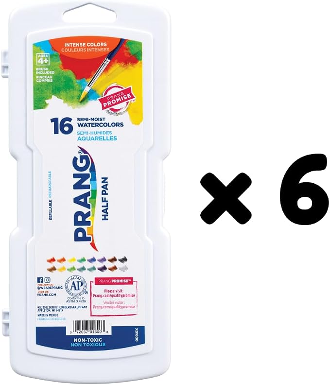 Prang Semi-Moist Watercolors 16-Color Half Pan Paint Set, Pack of 6 | Refillable, Size 6 Paint Brush Included