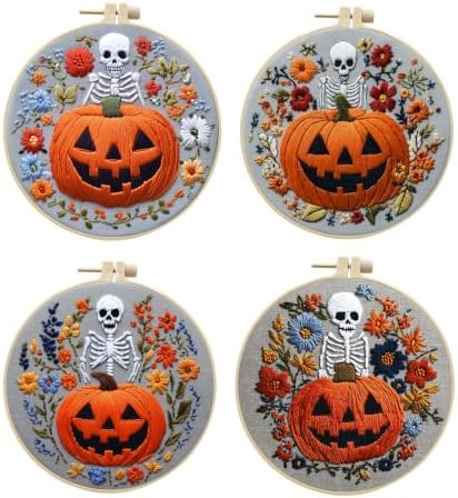 4 Sets Embroidery Kit for Adults, Skull Pumpkin Embroidery Practice Kit