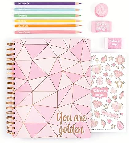 Make it Real 3C4G- Pink & Gold All-in-1 Sketchbook Set - Unlined Diary, Journal & Sketchbook for Kids - Includes Pencils, Stickers & More - Perfect Drawing Kit for Girls - Creative Kids Sketch Pad