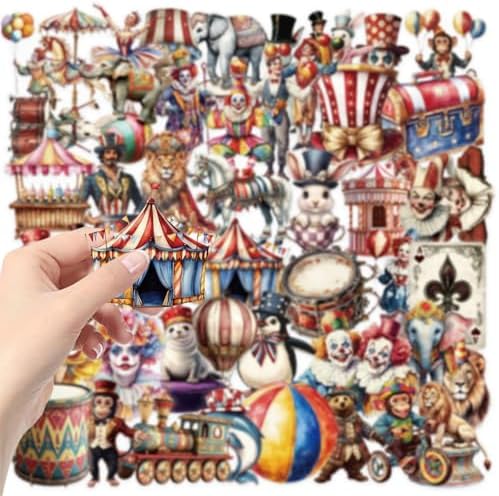 50pcs Transparent Vintage Circus Stickers for Teens,Cute Funny Clown Sticker Waterproof PET Stickers for Scrapbook Photo Album Collage Party Favors Animal Clown Sticker for Teens and Adults