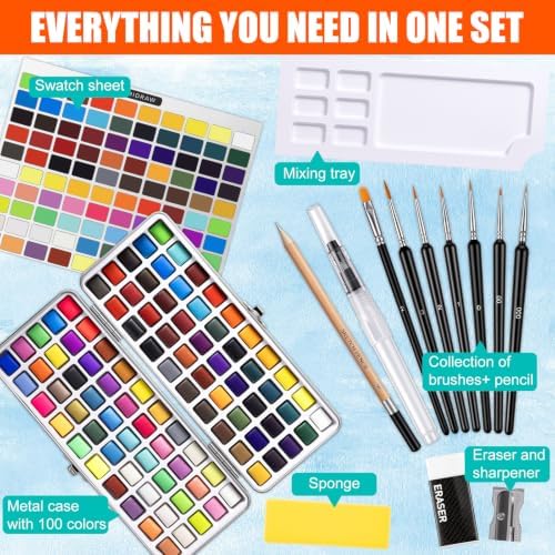 100 Colors Watercolor Paint Set – All in One Painting Supplies with Mixing Palette & Water Brushes – Travel Water Color Set for Adults, Painting Sets, Art Supplies for Painting – Art and Painting Supplies - Gift Idea