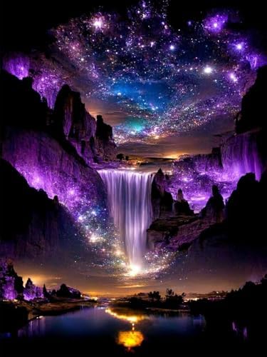 MBNTJHT Waterfall Landscape Diamond Art Kits for Adults,DIY Purple Aurora Diamond Painting Kits for Beginners,5D Full Round Drill Gem Art Painting Crafts for Home Wall Decor 12x16 Inch.