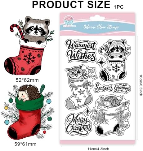 GLOBLELAND Christmas Stocking Animals Clear Stamps for Card Making Owl Raccoon Hedgehog Silicone Clear Stamps Greetings Transparent Stamp Seal for DIY Scrapbooking