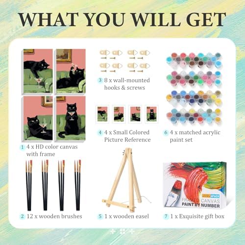 4 Pack Paint by Numbers Kit for Adults with Frame, Black Cat Painting Kit