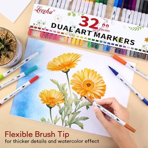 Dual Tip Art Markers for Adult Coloring 32 Colored Pens | Fine and Brush Tip Watercolor Pens for Journaling Note Taking Writing Planning