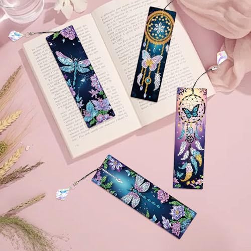4 Pack Diamond Painting Bookmarks, 5D Dreamcatcher Butterfly Dragonfly Diamond Art Bookmark Kit with Tassels, DIY Beaded Rhinestone Book Mark Craft for Adults Beginners Reading Gift