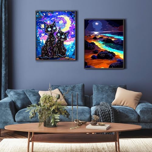 Yunnuo Paint by Numbers Kit for Adults Beginner,Two Black Cats Paint by Numbers, Starry Night Cat Number Painting Suitable for Home Wall Decoration and Gifts (16x20 Inch)