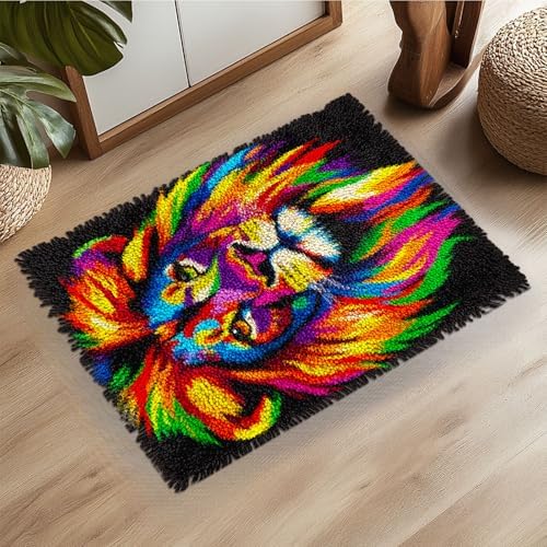 Latch Hook Rug Kit Colorful Lion Face Pre-Printed Handmade Carpet Crochet Yarn Craft DIY Hook and Latch Door Mat Tapestry for Home Floor Decoration 52x38cm-7