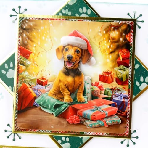 Katy Sue Santa Paws Die-Cut Christmas Card Topper & Decoupage Collection. 4 Sheets of Puppy & Dog-Themed Card Toppers & 4 Sheets of Matching Die-Cut Decoupage for Christmas Card Making Supplies