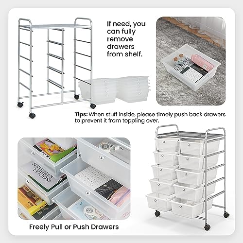 Giantex 10 Drawers Rolling Cart, Classroom Organizers, Storage Cart with Wheels, for Teacher Office Home School Supplies Tool Craft Art Paper, Clear White