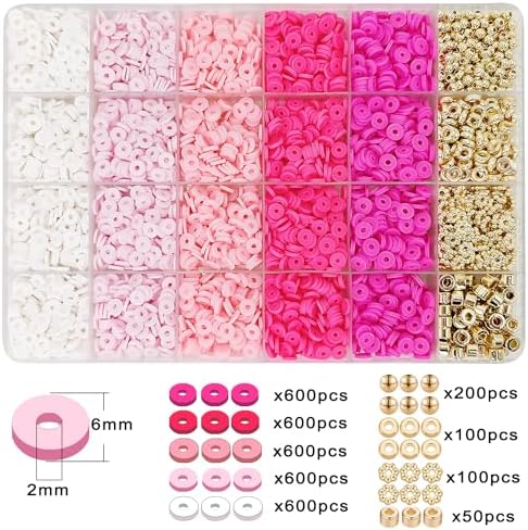 MIIIM Pink Clay Bead Bracelet Kit, Heishi Beads, Flat Clay Beads and Gold Spacer Beads for Jewelry Making, Friendship Bracelet Beads Kit for Crafts, Concert, Raves, Gifts
