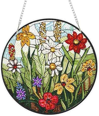 CRZMODE Stained Glass Wildflowers Diamond Art Hanging Kit for Adults, Pendant Diamonds Painting Art Kit, Special Crystal Diamond Art Painting Pendant Ornament, Craft Gift for Women Home Window Decor