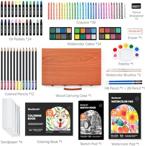 Shuttle Art 106 Piece Deluxe Art Set, Art Supplies in Wooden Case, Painting Drawing Art Kit with Crayons Colored Pencils Oil Pastels Watercolor Cakes Coloring Book Sketch Pad for Kids Adults