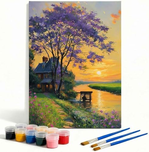 Amphol Paint by Numbers Kit for Adults Beginners - Sunset Cottage DIY Paint by Numbers Kit on Unframed 16"x20" Canvas, Landscape Oil Painting by Number for Wall Decor, Complete Acrylic Paint Set