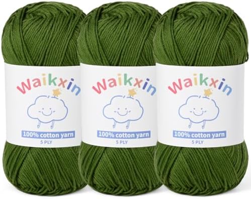 3 Pack of 100% Cotton Yarn for Crocheting,Baby Yarn for Crocheting Soft,5 Ply Milk Cotton Yarn,#2 Sport Weight Cotton Yarn,10.6oz/787.4yds Amigurumi Yarn for Puzzle,Clothes&DIY Crafts.(3 Army Green)