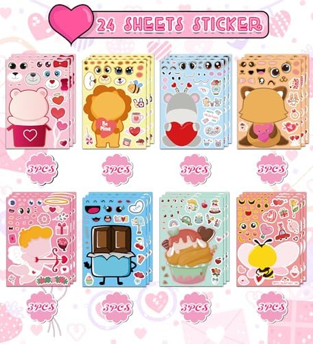 Valentines Stickers for Kids - Valentines Day Gifts for Kids School Classroom - DIY Valentine's Crafts Treats Party Favors Valentine Day Decorations(24 Sheets)