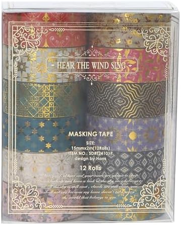 12 Rolls Charming Washi Tape Set Gold Silver Foil Detailing Arts Adhesive Tapes Basic Patterns Decorative Masking Tape Sets for Craft, Kids, Scrapbook, DIY, Gift Wrapping (Golden Galaxy)