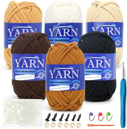 6 Pack Cotton Yarn for Beginners - Easy to See Stitches Crochet and Knitting Kit - Cotton Nylon Blend - Brown Series