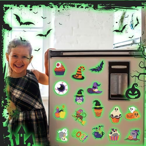 Motipuns 30 Pcs Halloween Diamond Art Magnets Glow in the Dark Diamond Art