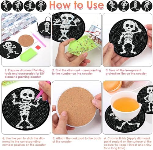ijbnhd 8 PCS Skull Diamond Art Coasters 4X4inch (Cork Wooden Pad)