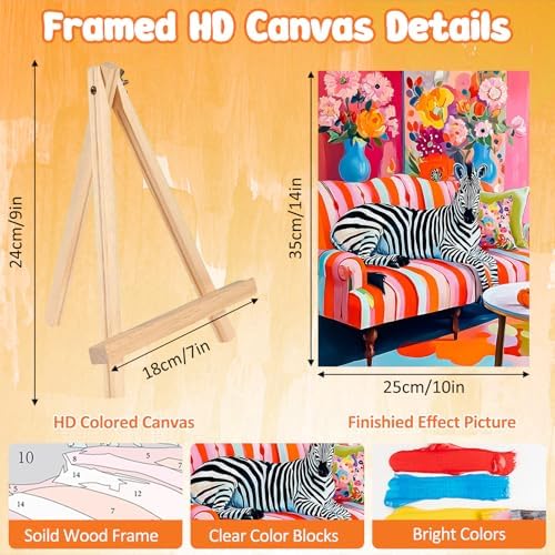 MAXBYE Paint By Numbers Kit for Adults with Frame and Wooden Easel, Zibra Sitting on a Sofa Acrylic Simple Oil Painting Kits for Beginners Gift Home Wall Garden Decor Any Festival 10×14 in