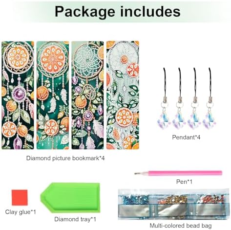 4 Pcs Diamond Painting Bookmarks, DIY Orange and Dreamcatcher Diamond Art Bookmark Kits for Adults, Rhinestone Drill Fruit Bookmarks with Tassels for Beginners