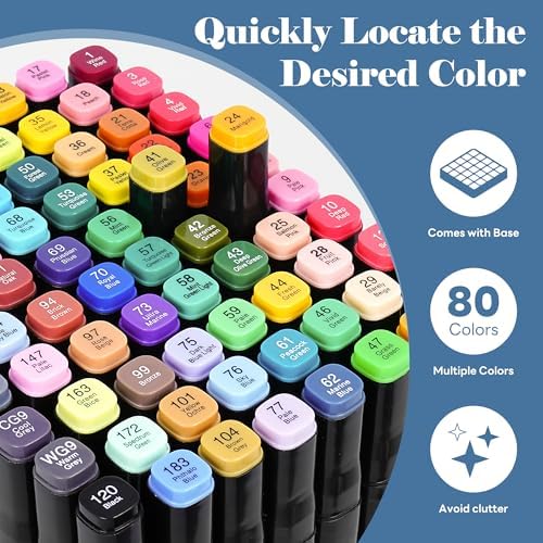 Alcohol Markers Dual Tip Art - 80 Colors Alcohol Based | Double Sided Marker Set with Fine and Chisel Tip for Kids, Adult, Ideal for Coloring, Drawing, School Painting Projects