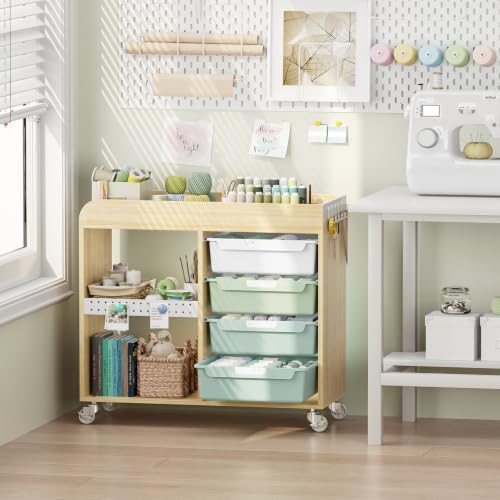 SYKIARIOL Craft Organizers and Art Supply Storage, Art Cart, Mint Green | Rolling Cart with 4 Drawers & Metal Pegboard, 5 Hooks, Cute Macaron Color Magnets for Craft Room, Office, Classroom