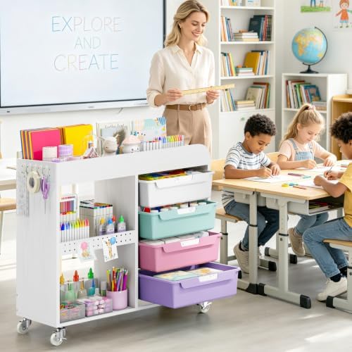 SYKIARIOL Craft Organizers and Art Supply Storage, Art Cart, Ice Cream | Rolling Cart with 4 Drawers & Metal Pegboard, 5 Hooks, Cute Macaron Color Magnets for Craft Room, Office, Classroom