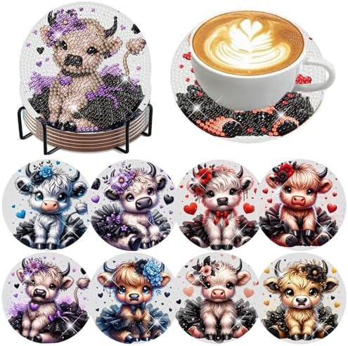 8 Pack Diamond Art Coasters,Highland Cow Diamond Painting Coasters Kits