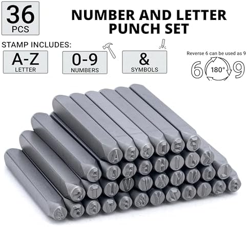 NEIKO 02632A Number and Letter Punch Set with Heat-Treated Steel Punches, Imprinting & Arts and Crafts, 5/32" (4 MM) Shaft, 36 Pc Stamp Set, Uppercase Letter & Number Punch Set (A-Z / 0-8 / "&")