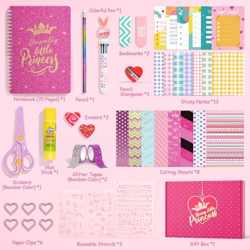 ADUSRIZ Princess DIY Journal Kit for Girls Gift for 8-12, 50 Pcs Scrapbook & Diary Supplies Set, Journaling Art Crafts Kit with Storage Case, Birthday Gifts for Teen Girls Craft Sets.