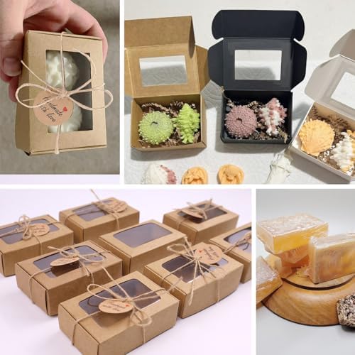 BZIDII 35Pcs Soap Boxes for Homemade Soap and tags,3.54 X 2.36 X 1.18 Inch Soap Boxes with Window,Bar Soap Packaging Kraft Box Supplies（Brown）