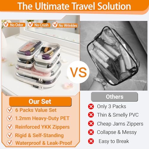 YQBRAO Clear Hard Shell Zipper Cases, 6 Travel Organizers, 2M 4S, White