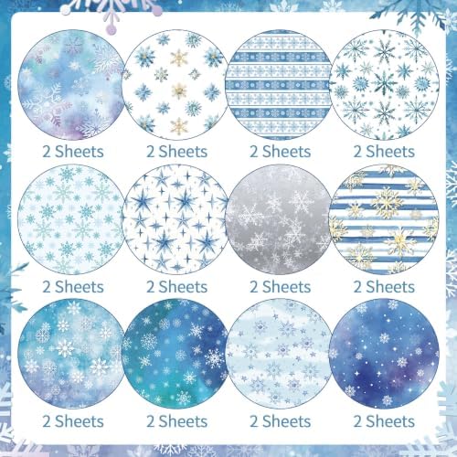 Konsait 24 sheets Winter Scrapbook Paper 12x12, Double Sided Blue Snowflake Patterned Paper Christmas Cardstock Snowflake Winter Origami Papers for DIY Crafts Card Making Scrapbook Supplies