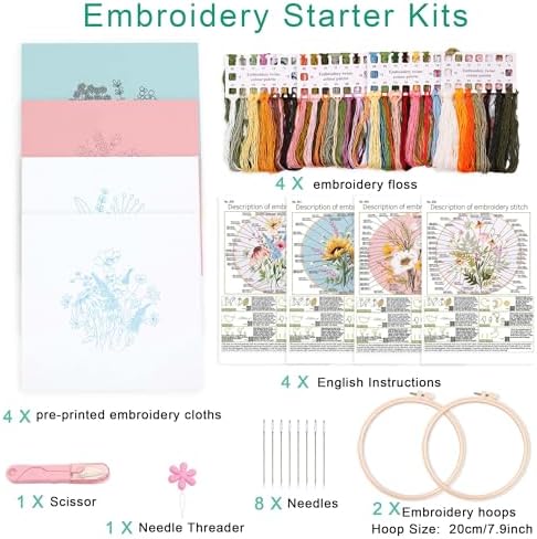 Harimau Adult Beginner Embroidery Starter Kit, Complete Set with 4 Patterns, 2 Hoops, Needles, Scissors, Instruction Guide & Stitching Video Tutorials