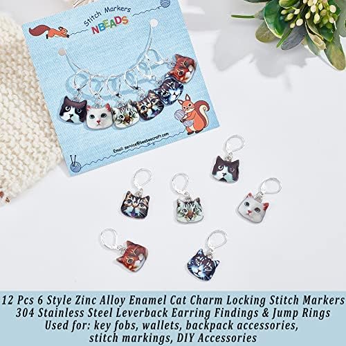 NBEADS 12 Pcs Cat Stitch Markers, 6 Styles Alloy Enamel Cat Crochet Stitch Marker Charms Removable Locking Stitch Marker for Knitting Weaving Sewing Accessories Quilting Handmade Jewelry