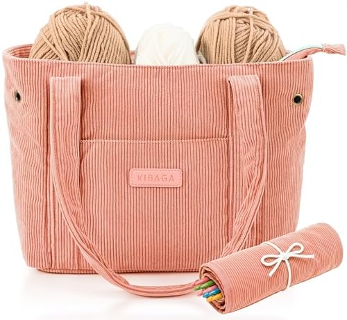 KIBAGA Stylish Yarn Bag for Crochet and Knitting Projects - Corduroy Crochet Organizer with 4 Interior Pockets and Yarn Holes - Perfect for Storing Hooks, Needles and Crafting Accessories