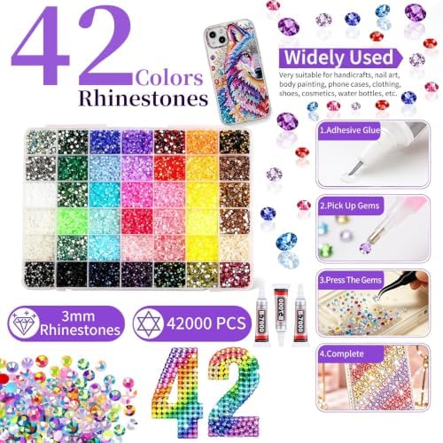Bedazzling Kit 42000Pcs 42 Colors Resin Jelly Rhinestones 3mm Flatback Gems Bedazzler Kit with B7000 Jewelry Glue and Tools for Diamond Art Crafts Nail Art Supplies