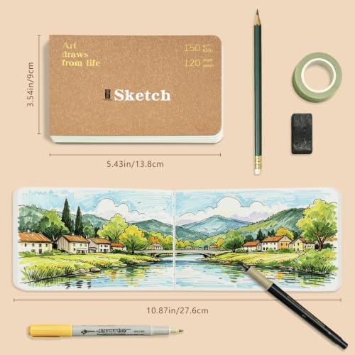 Hardcover Pocket Sketchbook, 3.5" x 5.4" Mini Small Travel Drawing Journal, 92lb/150gsm Heavyweight Paper, 120 Pages Blank Sketch Book for Adults Artists Mixed Media, Ideal Gift,Orange