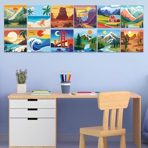 Anseal 12 Packs Pre Drawn Canvas to Paint, 4" X 4" Landscape Pre-Printed Canvas Paint Party for Adult, Stretched Outline Painting Boards for Beginners, Party Favor