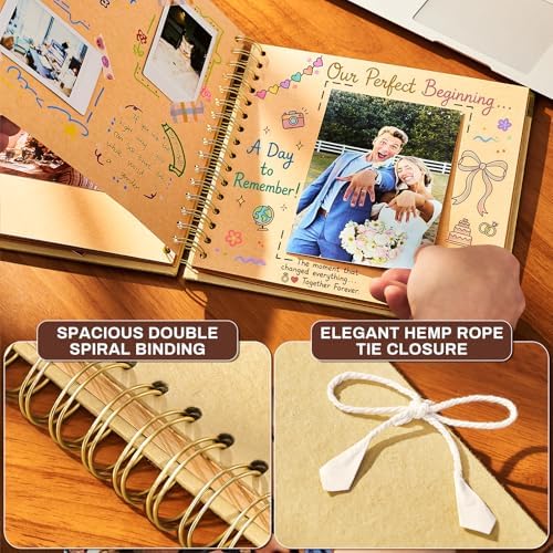 8x8 Scrapbook Album, Handmade Lokta Paper Cover, 40 Pages 250gsm Acid-Free Kraft Paper, DIY Memory Photo Album with Metal Corners & Inner Pocket for Wedding, Anniversary, Baby, Family