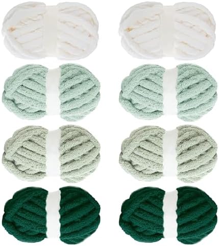 MABOZOO Assorted Chunky Yarn for Hand Knitting 8 Pack, Fluffy Jumbo Chenille Yarn, Soft Plush Yarn Bulky, Giant Thick Fuzzy Yarn for Arm Knitting,Green Multi(31.7 yds,8 oz Each Skein)