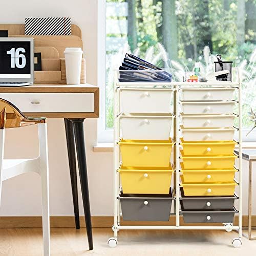 GOFLAME 15-Drawer Rolling Storage Cart, Craft Storage Cart with Removable Drawers & Lockable Wheels, Art Cart Supply Storage Organizer for Home Office Classroom, Yellow