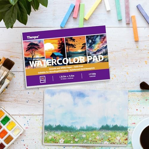 Tlenpo Watercolor Paper Pad, 8.5 x5.5 in, 110lb/230gsm, 50 Sheets Artist Painting Drawing Paper Book, Art Supplies for Adults Kids, Acid-Free Water Color Paper for Beginner Students