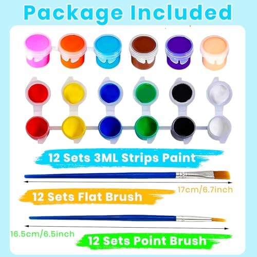 12 Pack Mini Acrylic Paint Set, 12 Colors Washable Acrylic Paint Strips with 24Pcs Painting Brushes for Kids&Adults Paint, 168 PCS Kids Painting Kit for Birthday Party Favor, Classroom, Art Gift